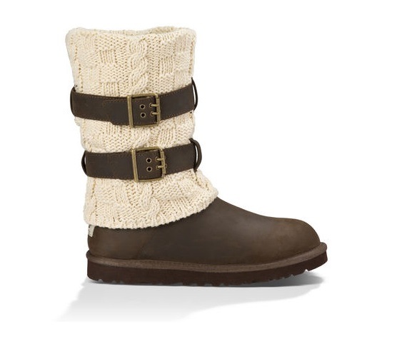 brown ugg boots with cream colored sock overtop and 2 brown belt buckles around the sock