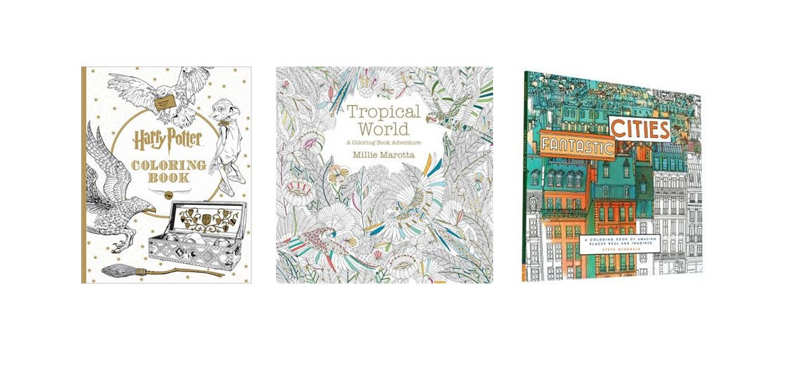 3 images of adult coloring books on a white background