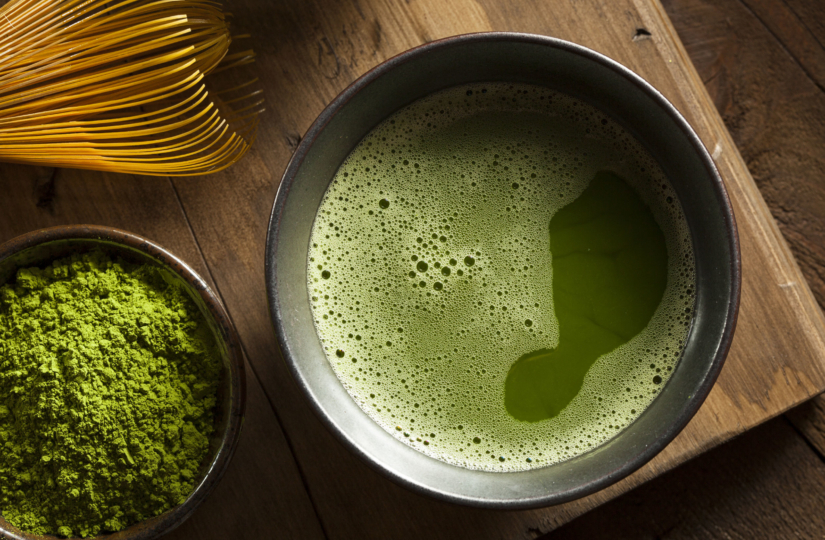 close up top angle view of a bowl of matcha green tea