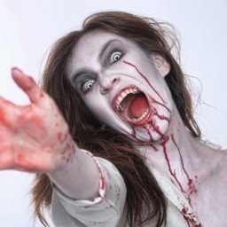 bleeding psychotic woman in a horror themed image